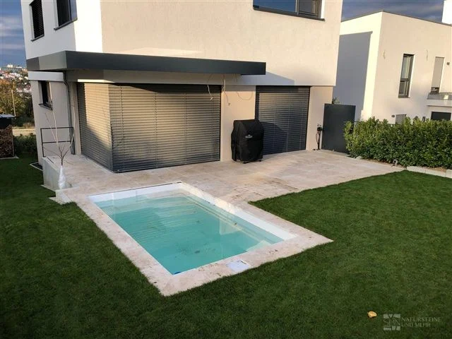 Pools: Travertine patio slabs Classic — 61 × 40.6 × 3 cm, Travertine pool coping Classic — 61 × 33 × 3 cm