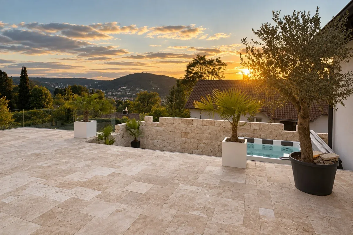 Travertin-Terrasse mit Natursteinmauer im warmen Abendlicht