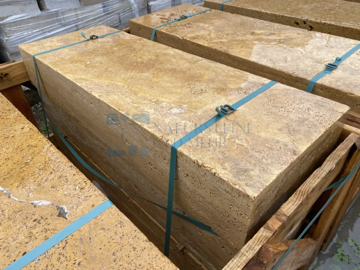 Travertin Gold Randsteine 100×25×7,5 cm – gesägt & getrommelt