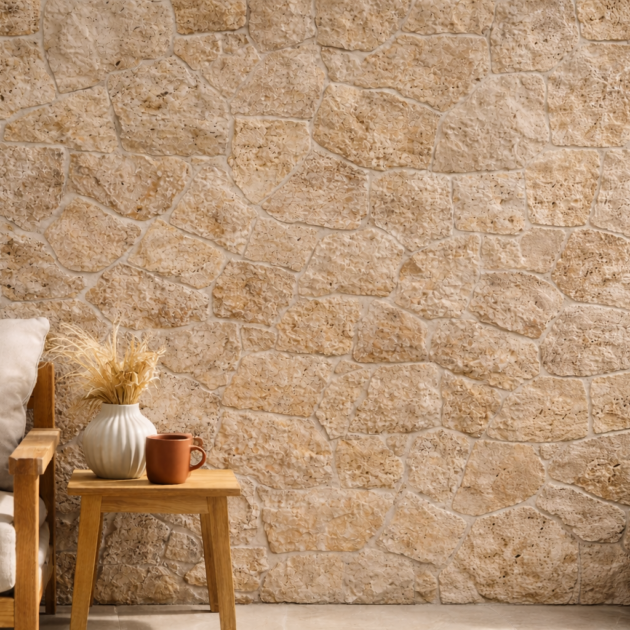 Travertin Wandverblender Classic – polygonal, 2–4 cm, Naturstein Bruchsteinoptik