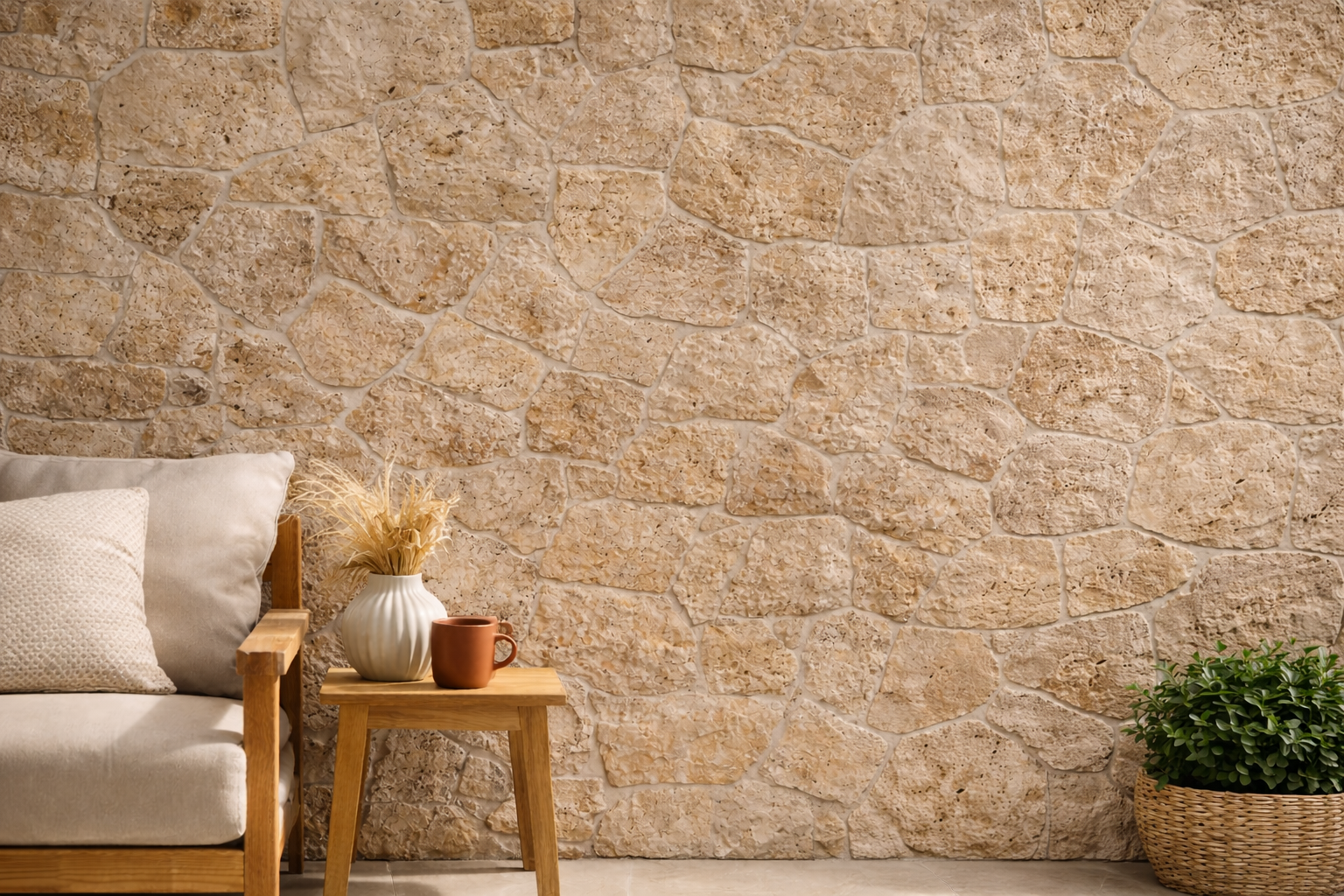 Travertin Wandverblender Classic – polygonal, 2–4 cm, Naturstein Bruchsteinoptik