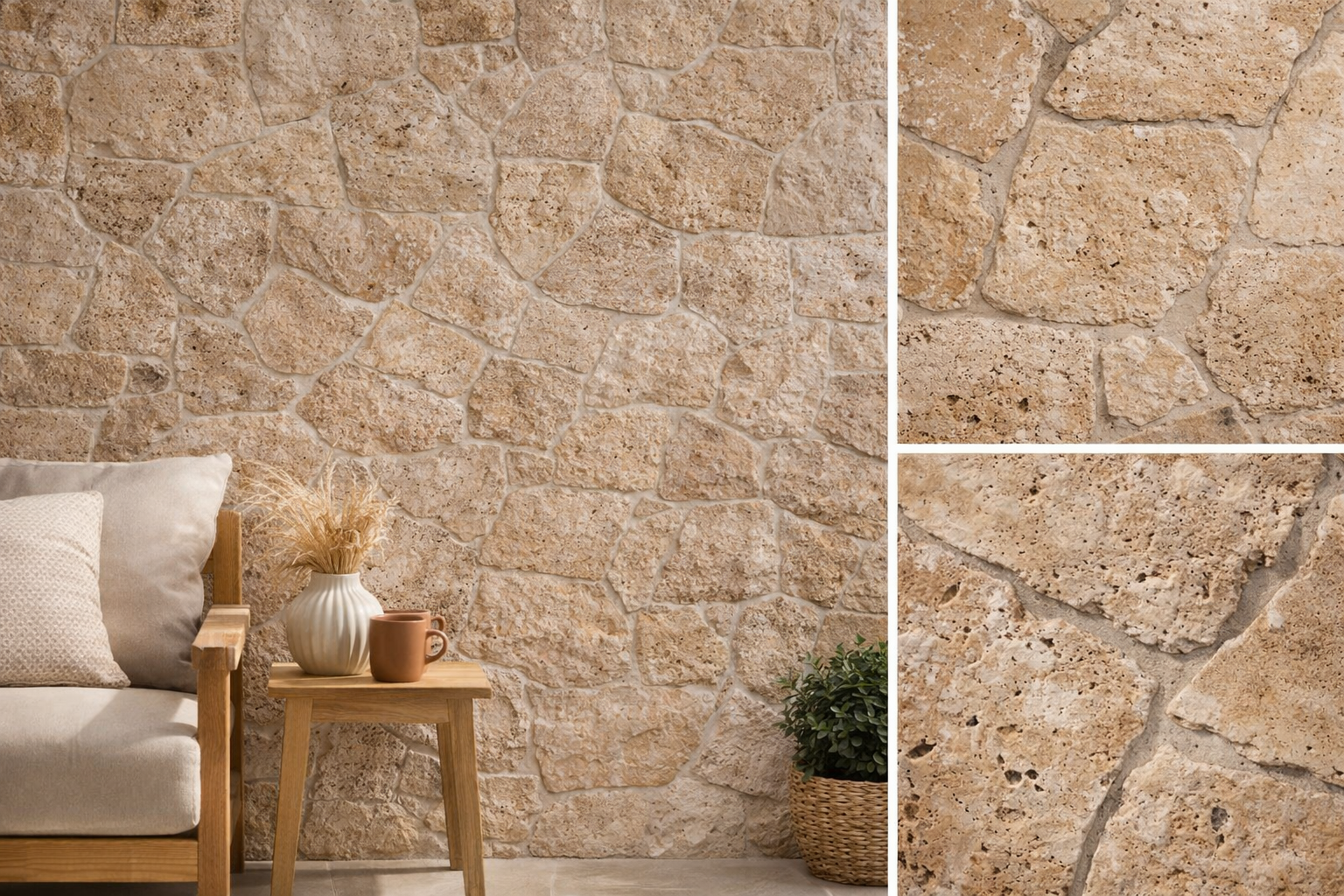 Travertin Wandverblender Classic – polygonal, 2–4 cm, Naturstein Bruchsteinoptik – Bild 5